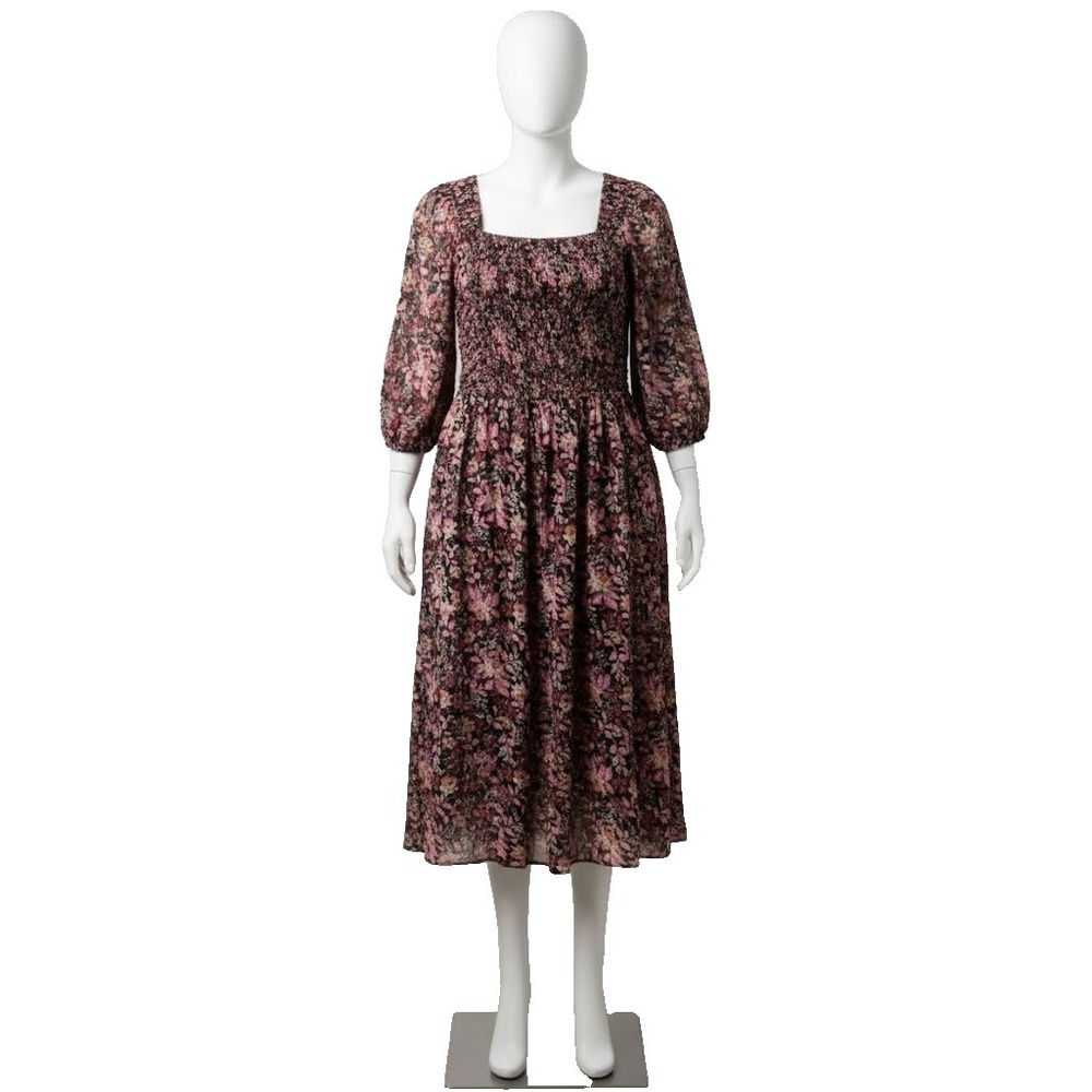 Ivy City Co Sasha Dress Floral multicolor Square Neckline Smocked  Midi Dress 2X